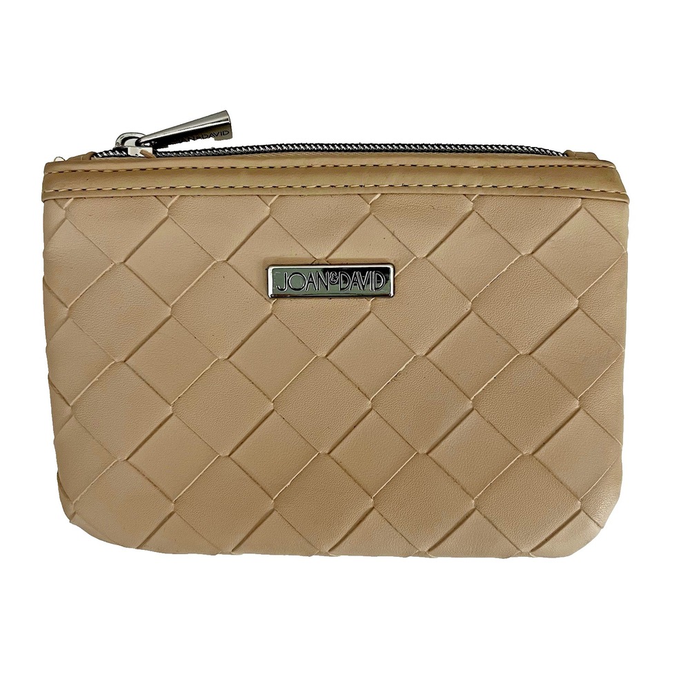 JOAN & DAVID Zippered Pouch Bag Camel Beige‎ Faux Leather Hot Pink Lining 6x8